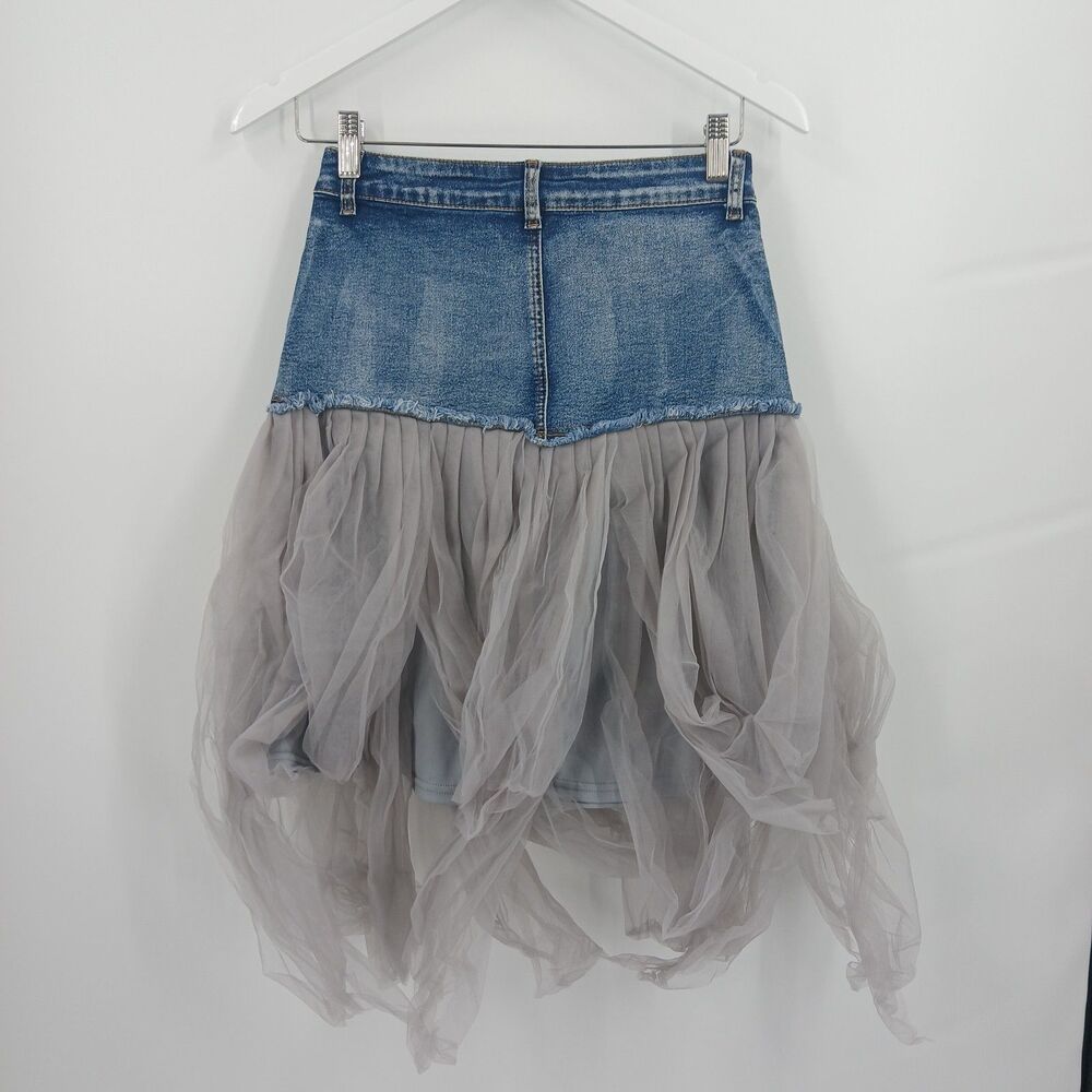 womens SHEIN size medium Denim Mesh Patchwork Tulle Skirt cowgirl chic boho grey - Picture 2 of 4